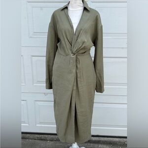 By Anthropologie V-Neck Knot Front Midi Dress olive size 10 NWT